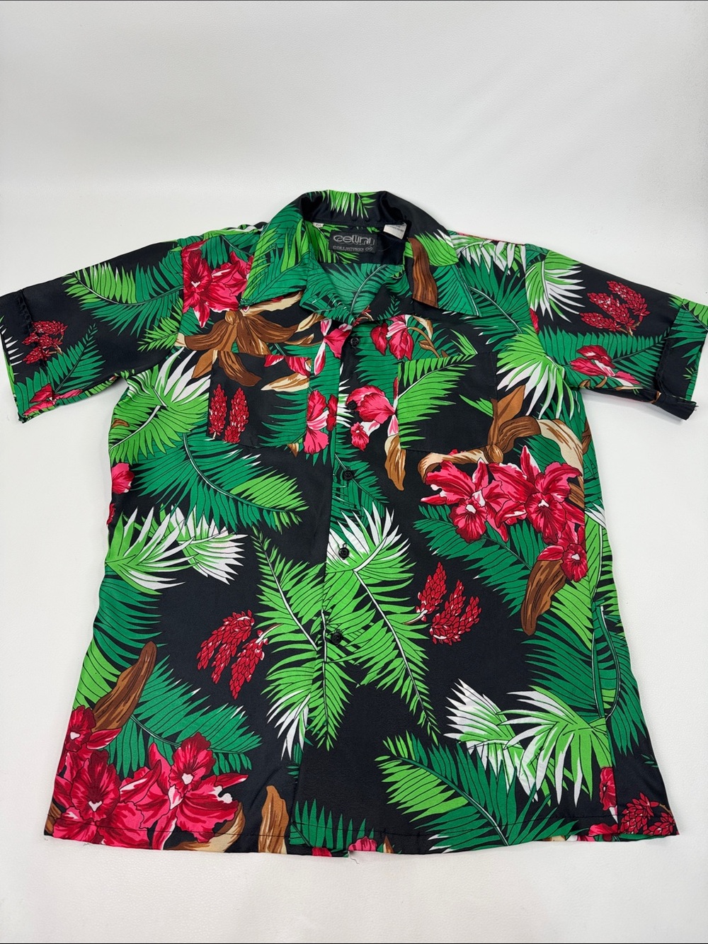 Vintage Cellini Hawaii Black Tropical Floral Button-Down Shirt Green Red Medium